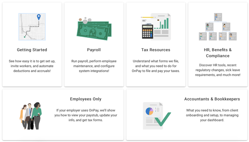 A screenshot of OnPay's online support portal, organized into sections such as 'getting started' and 'tax resources'.