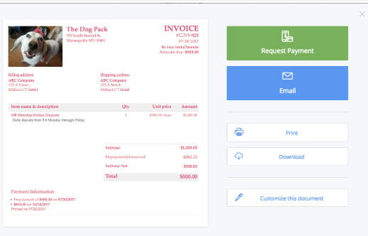 OneUp invoice tracker with pdf of invoice and button to request payment, email, print, download, or customize.