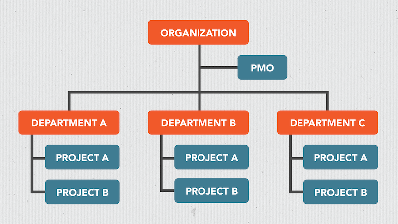 A flowchart showing an organizational structure with a PMO.