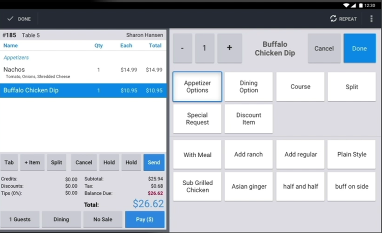 The Toast POS interface shows the current order on the left and menu items and food customization options on the right.