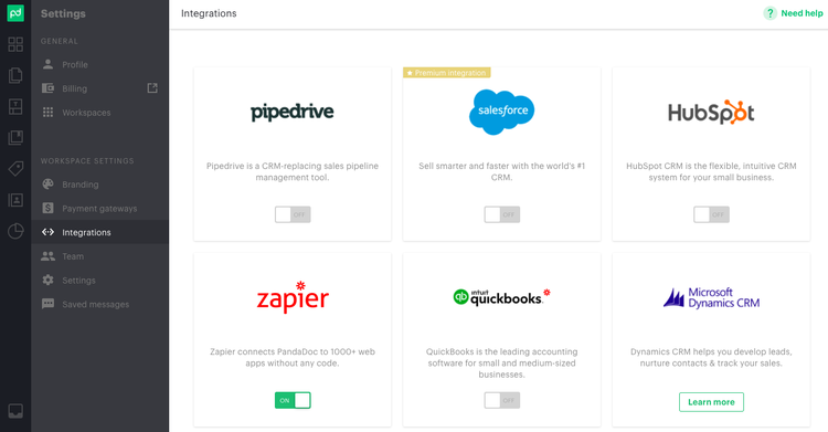 The PandaDoc integrations page lists popular third-party platforms to connect to your account.