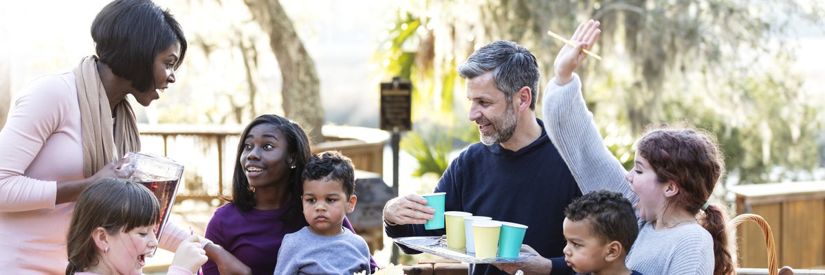 Parents having a picnic with five children.