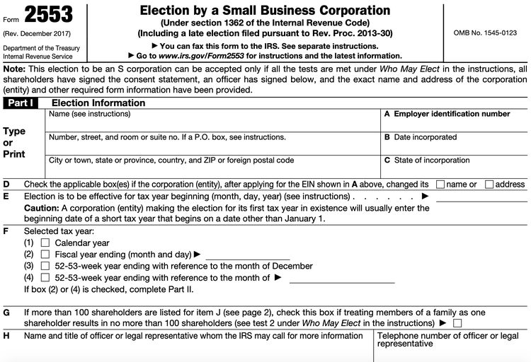 IRS Form 2553, the tax form to turn a business into an S corporation