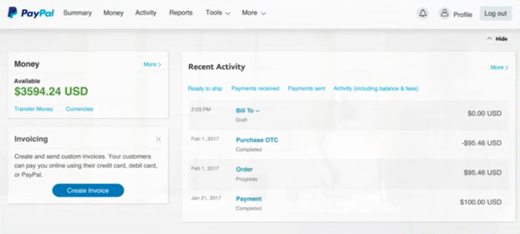 Screenshot of PayPal Here's home dashboard for business accounts.
