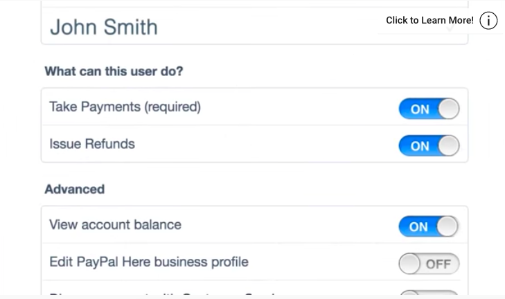 PayPal Here's Control permissions tool
