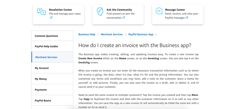 A screenshot of PayPal Here's support center for troubleshooting and questions.