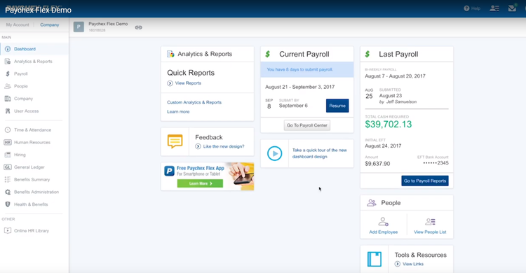 ADP vs Paychex showing Paychex Flex sample dashboard with cards for analytics and reports, feedback, current payroll, last payroll, and people