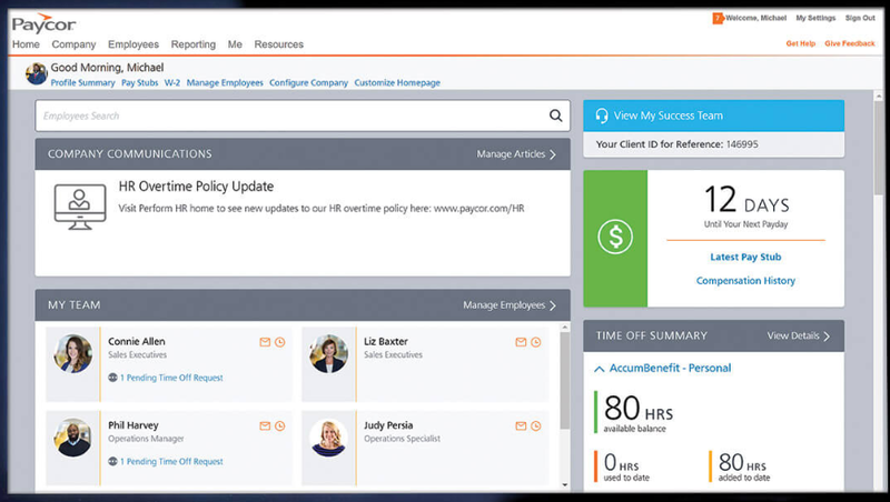 Paycor command center showing team breakdown with list of profiles