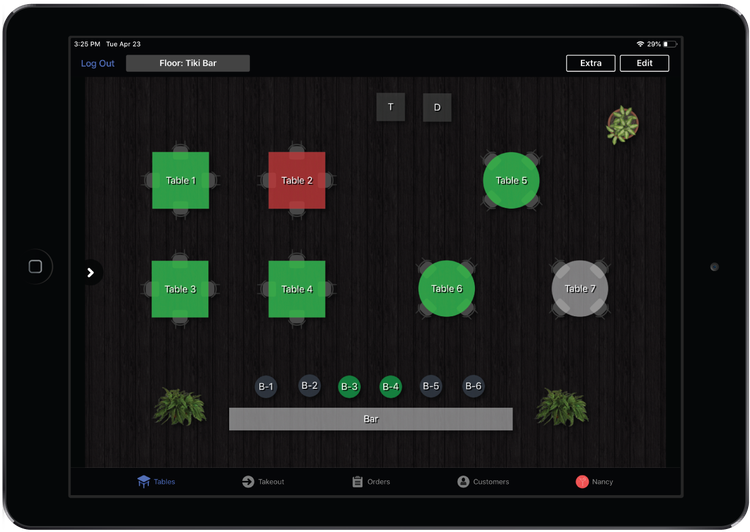 Lightspeed POS for restaurants has a feature to create a floorplan to visually track orders and customers.