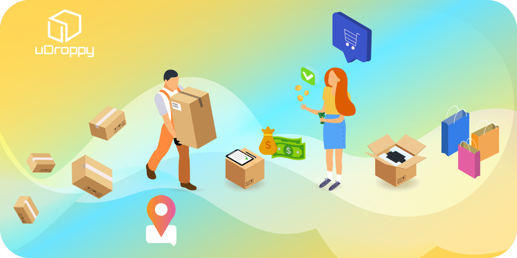 Illustration of man carrying a box and woman holding out dollar bills.