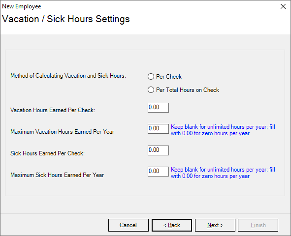 Payroll Mate vacation and sick hours feature with section to fill out how employees earn hours.