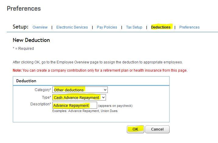 Preference screen in QuickBooks Online Enhanced Payroll where deductions are added.