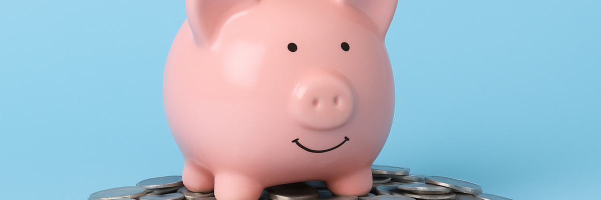 Piggy bank sitting on pile of silver coins on baby blue background.