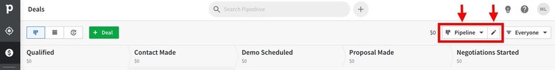 Pipedrive's default sales pipeline with five stages is shown.