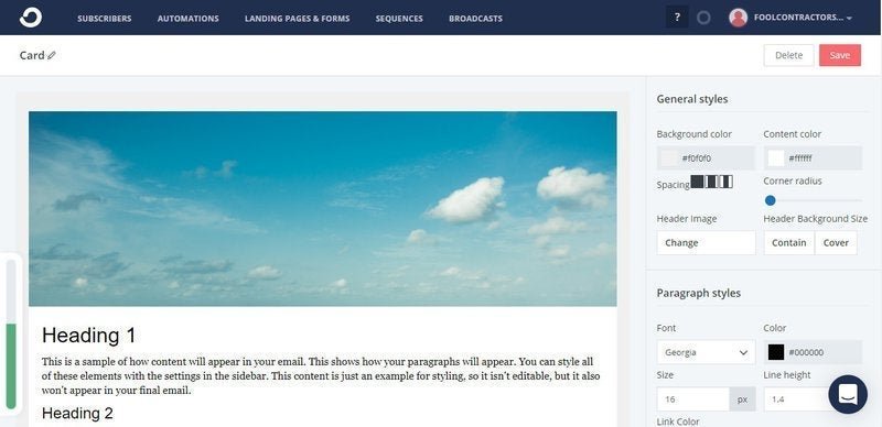 ConvertKit's email editor displays styling options on the right side of the photo of a blue sky and draft email text.