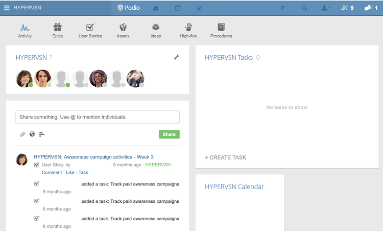 Podio dashboard with tiles to represent team members, tasks, calendar, and comments.