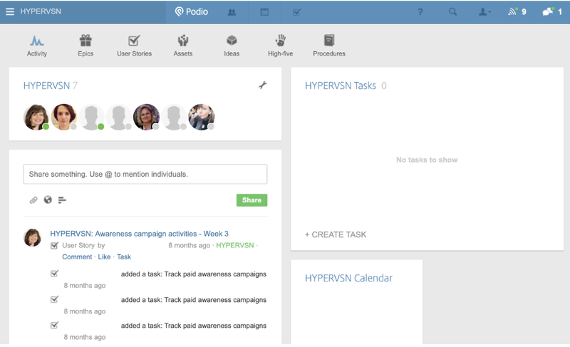 Podio dashboard with tiles to represent team members, tasks, calendar, and comments.