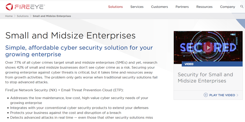 Screenshot of FireEye's website showing it's positioning statement focusing on cyber security for small to mid-sized businesses.