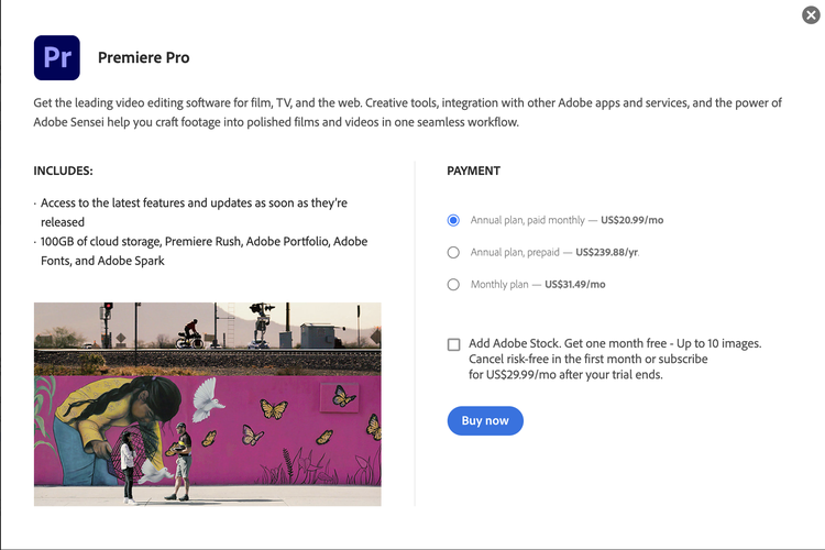 Premiere Pro’s pricing web page.