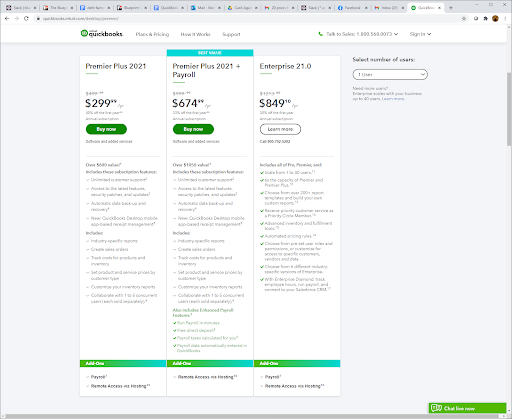 Pricing for QuickBooks Premier Plus and Premier Plus + Payroll.
