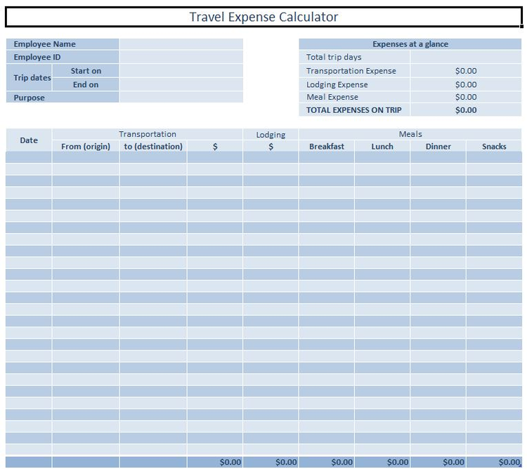 A spreadsheet template for tracking travel expenses.
