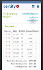 The Certify mobile app with an expense report displayed.