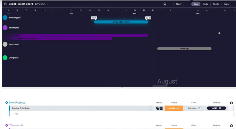 monday.com screen showing timeline gantt chart with different colors to represent project phases