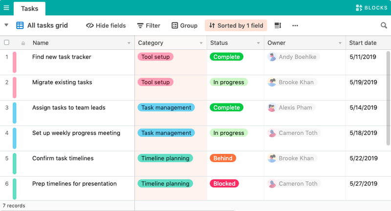 Airtable task spreadsheet view showing columns for name, category, status, etc.