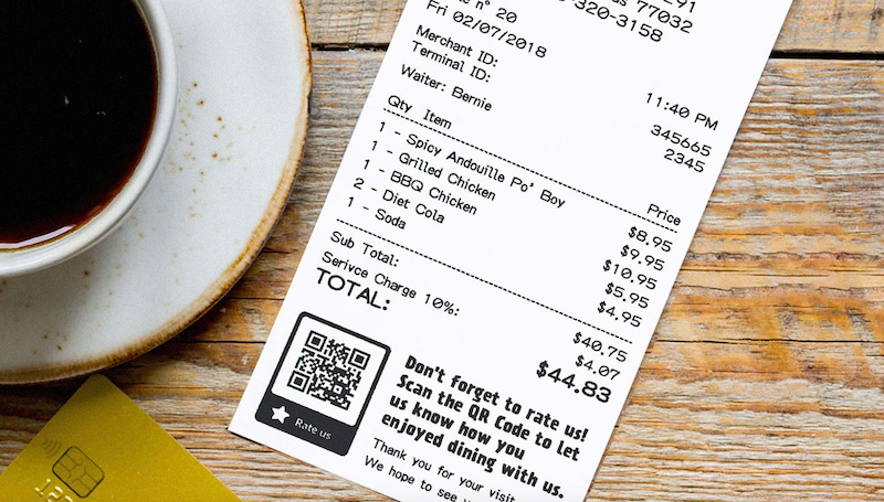 The bottom of a sales receipt has a QR code linking to a survey.