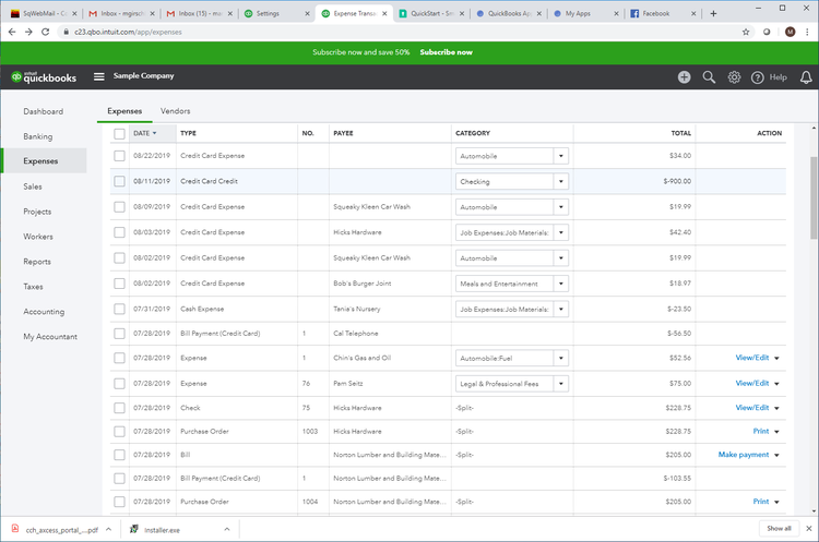 QuickBooks Online showing expense report detailing date, type, no., payee, etc.
