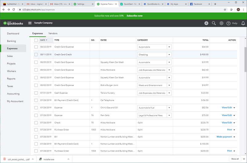 QuickBooks Online showing expense report detailing date, type, number, payee, etc.