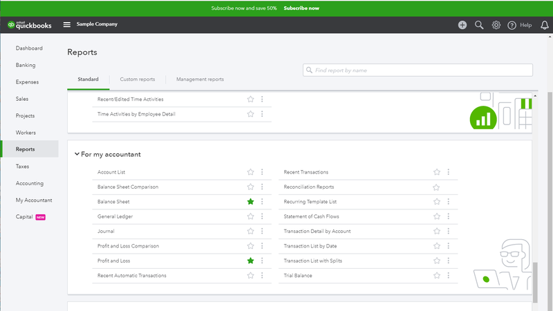 QuickBooks Online Reports showing report categories including account list, balance sheet, profit and loss, etc.