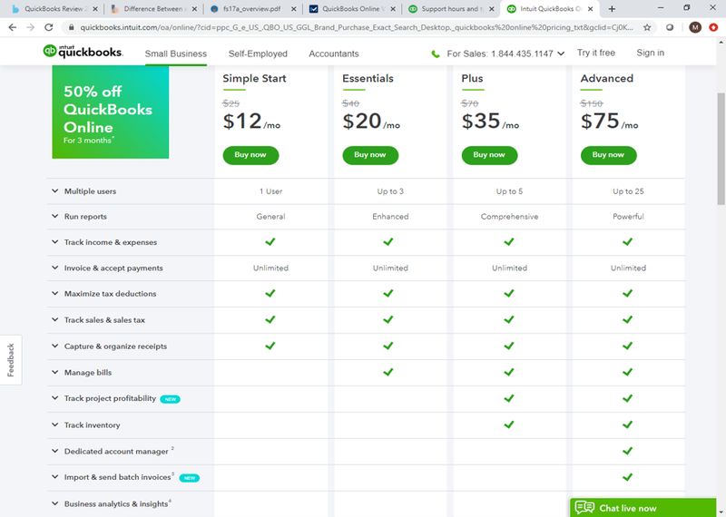 The QuickBooks Online pricing options chart.