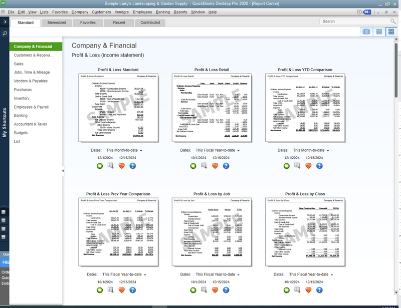 The QuickBooks Desktop Report Center displaying all available reports.