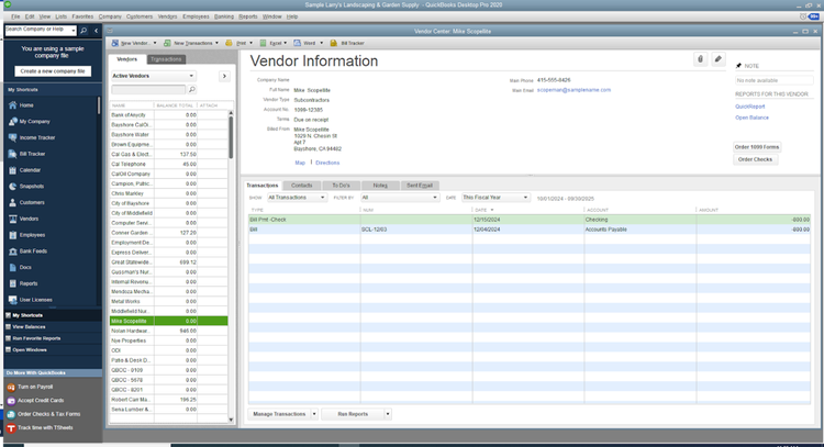 QuickBooks Pro vendor management tool with list of vendors on the left-hand side and the details of selected event on the right.