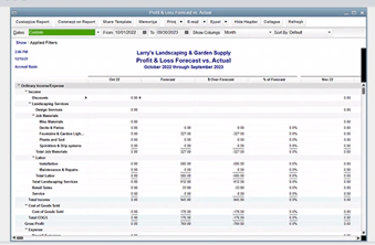 QuickBooks Premier forecasting screen listing past and expected income and expenses.