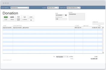 QuickBooks Premier donation screen for managing charitable donations.