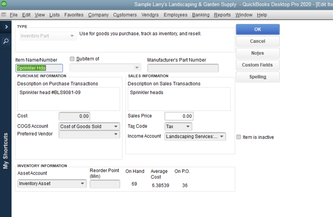 QuickBooks Desktop screen to add an inventory item with form fields for sales and purchase information.