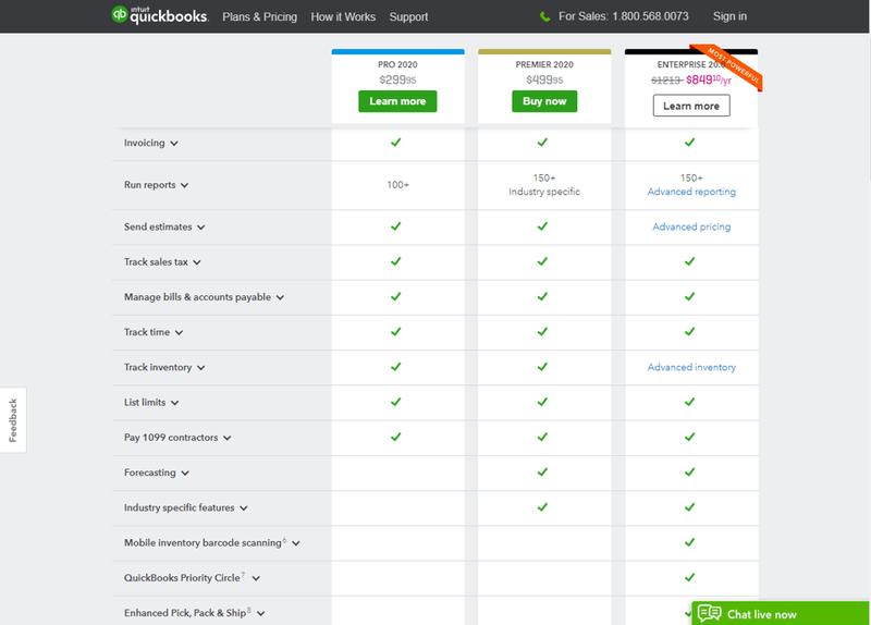 QuickBooks Desktop three pricing levels listing out individual product features in each tier.
