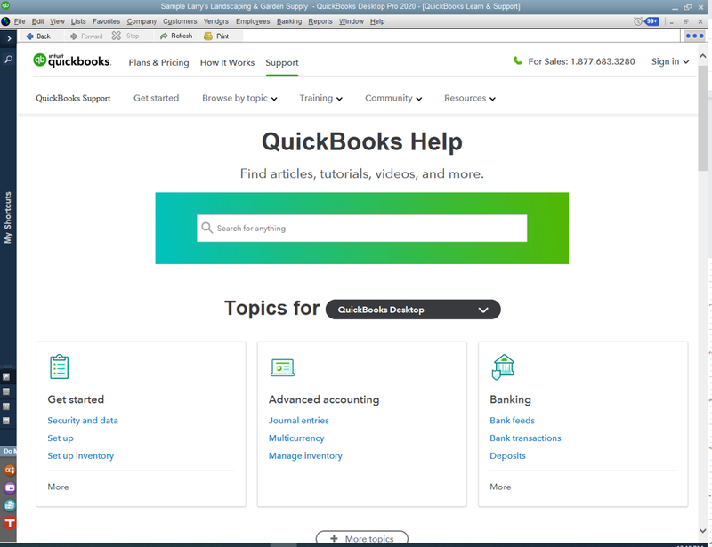 QuickBooks Desktop help screen with a search bar as well as different topics to select from.