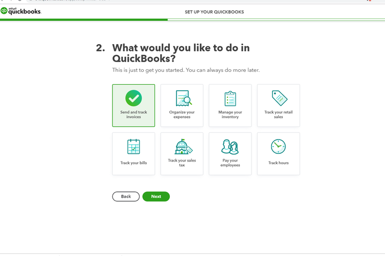 QuickBooks setup screen that allows you to select your reason for using the software.