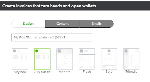 Six invoice template options available from QuickBooks Online.
