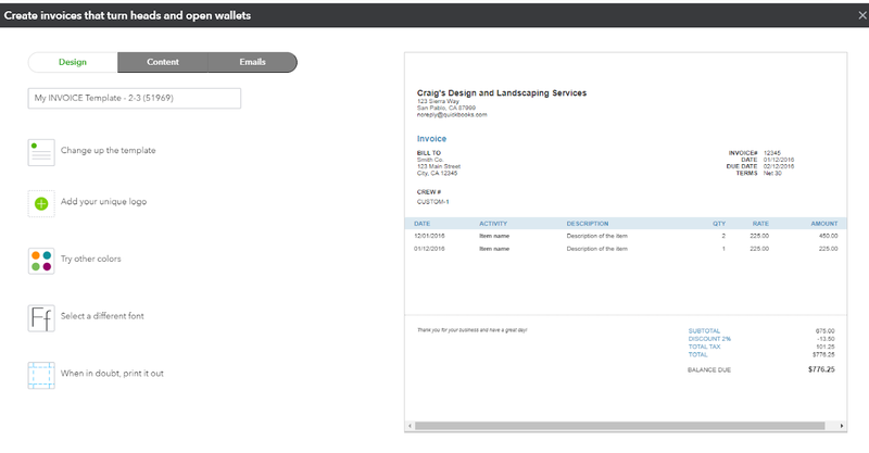 QuickBooks Online’s invoice customization screen with different options and a view of an invoice.