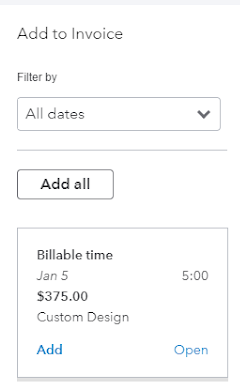 QuickBooks Online’s Add to Invoice options displayed on the invoice.