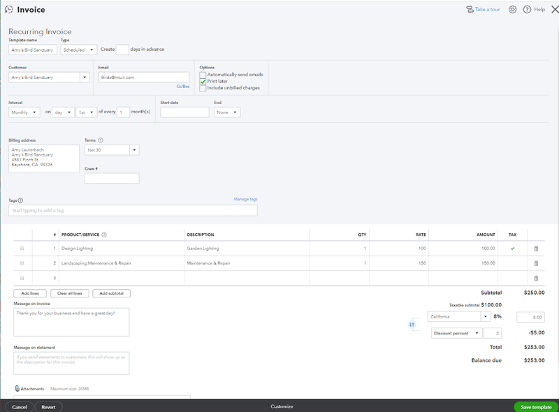 Blank recurring invoice screen in QuickBooks Online.