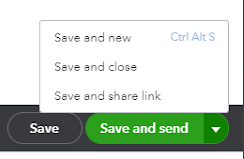 Different save options listed in QuickBooks Online.