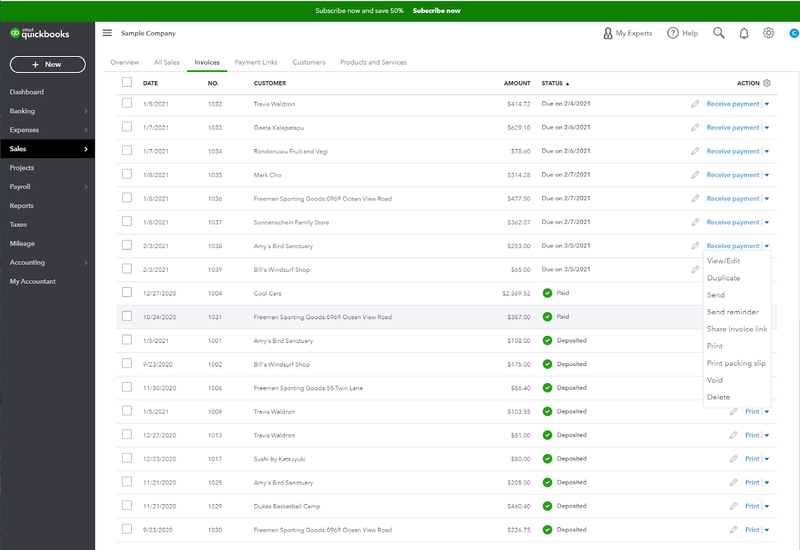 The QuickBooks Online screen displaying a list of all outstanding invoices, amounts, and due dates.