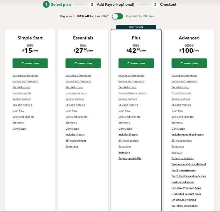 Four of QuickBooks Online’s plans and pricing with details about each.