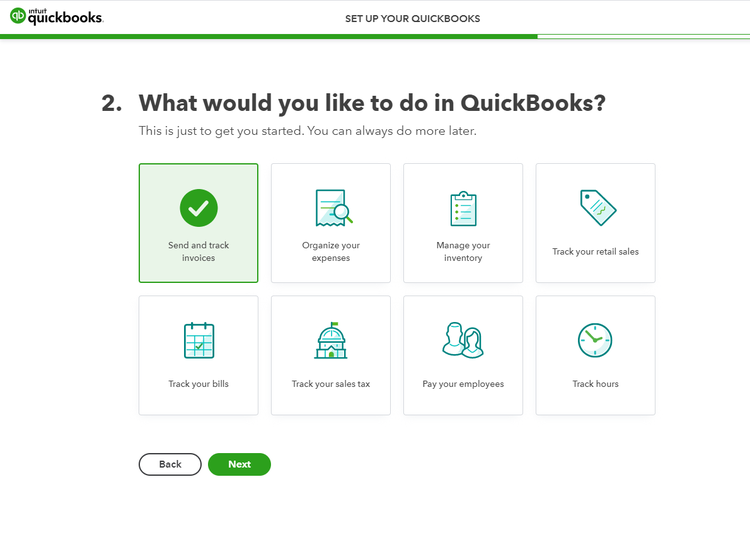 Quickbooks Online onboarding screen asking how you want to use the software with tiles you can select.