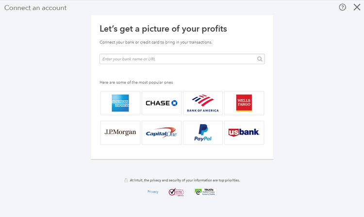 QuickBooks Online screen prompting the user to connect to their bank account.